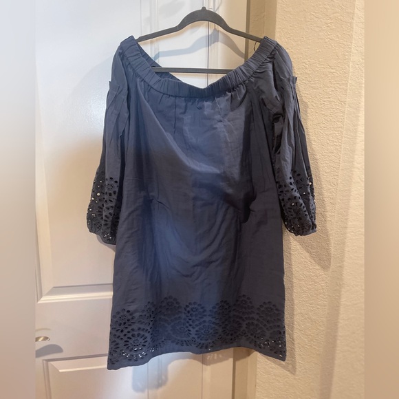 Vince Camino Blue COTTON EYELET OFF THE SHOULDER BALLOON SLEEVE SHIFT DRESS 10 - Picture 6 of 11